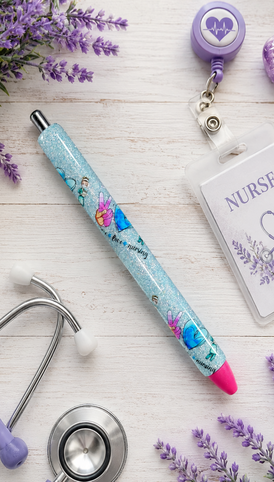 Handmade Peace Love Nursing  glitter pen with free refill