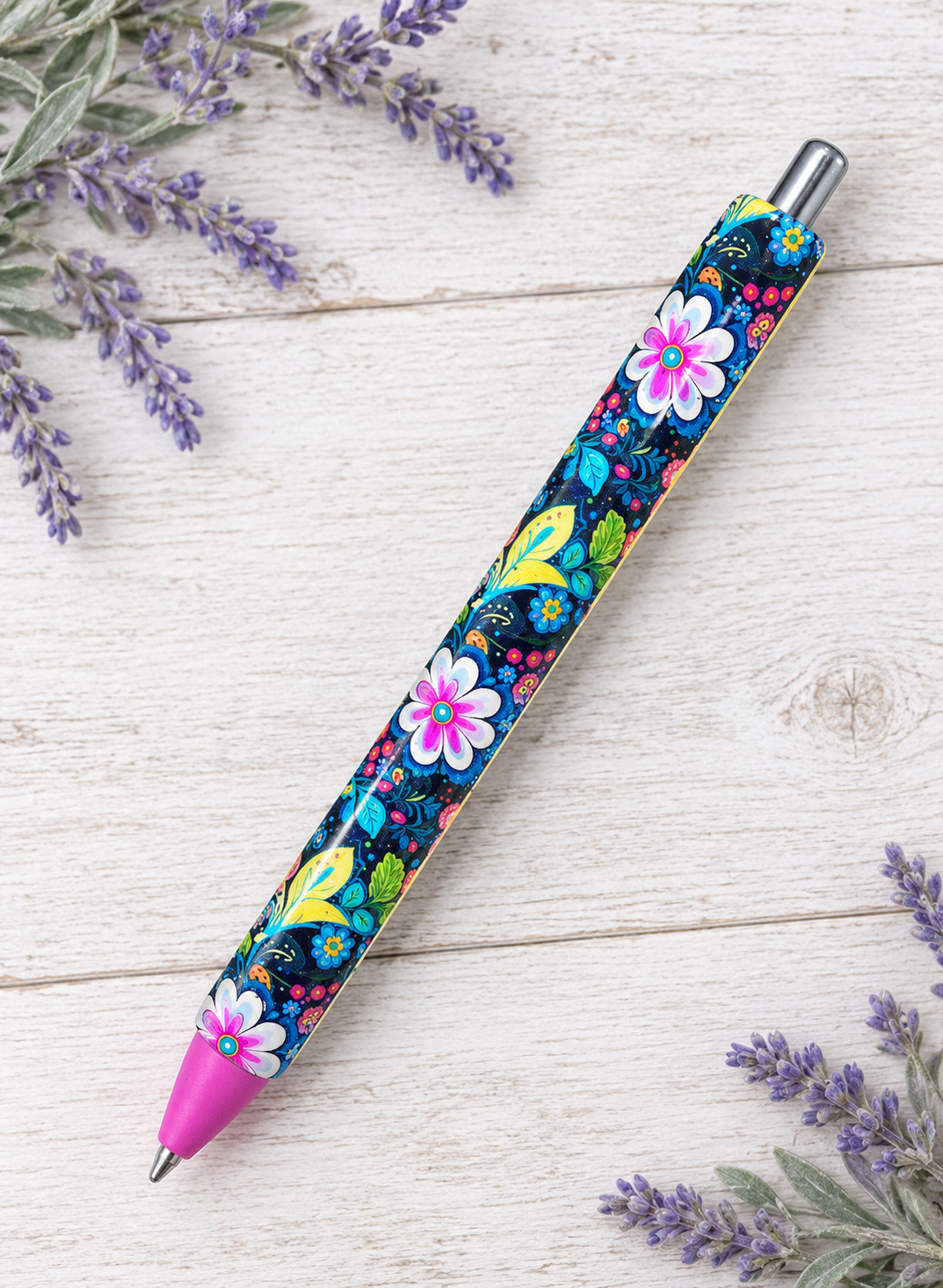 Handmade right flowers on yellow glitter pen with free refill