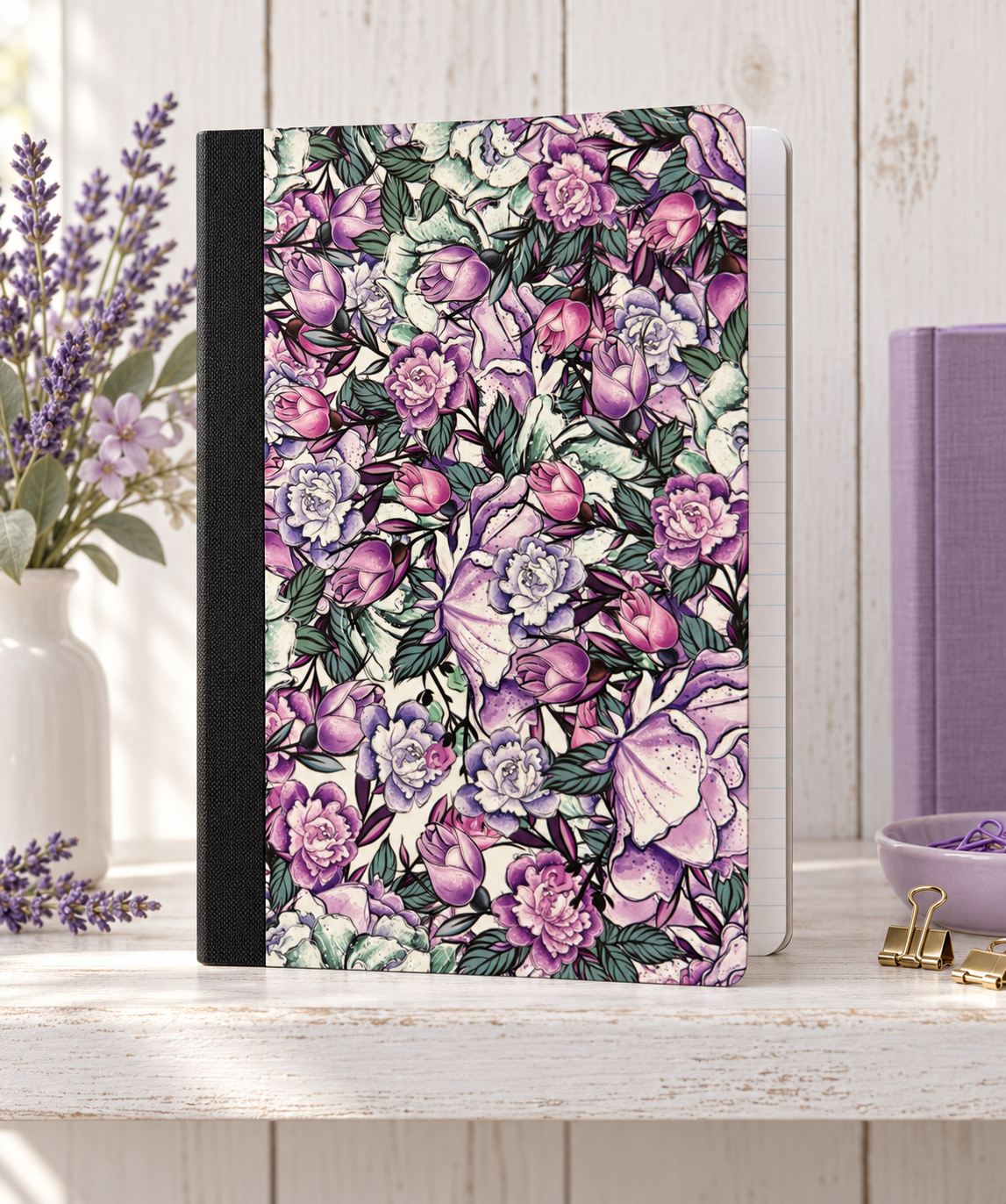 Decorative Vinyl Covered Composition Notebook Purple and Aqua Flowers