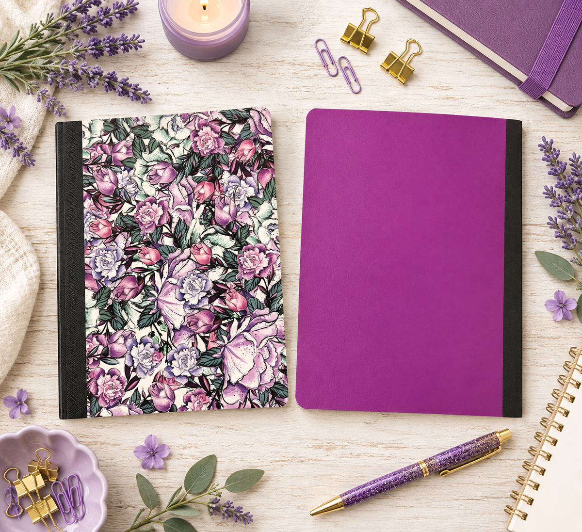 Decorative Vinyl Covered Composition Notebook Purple and Aqua Flowers