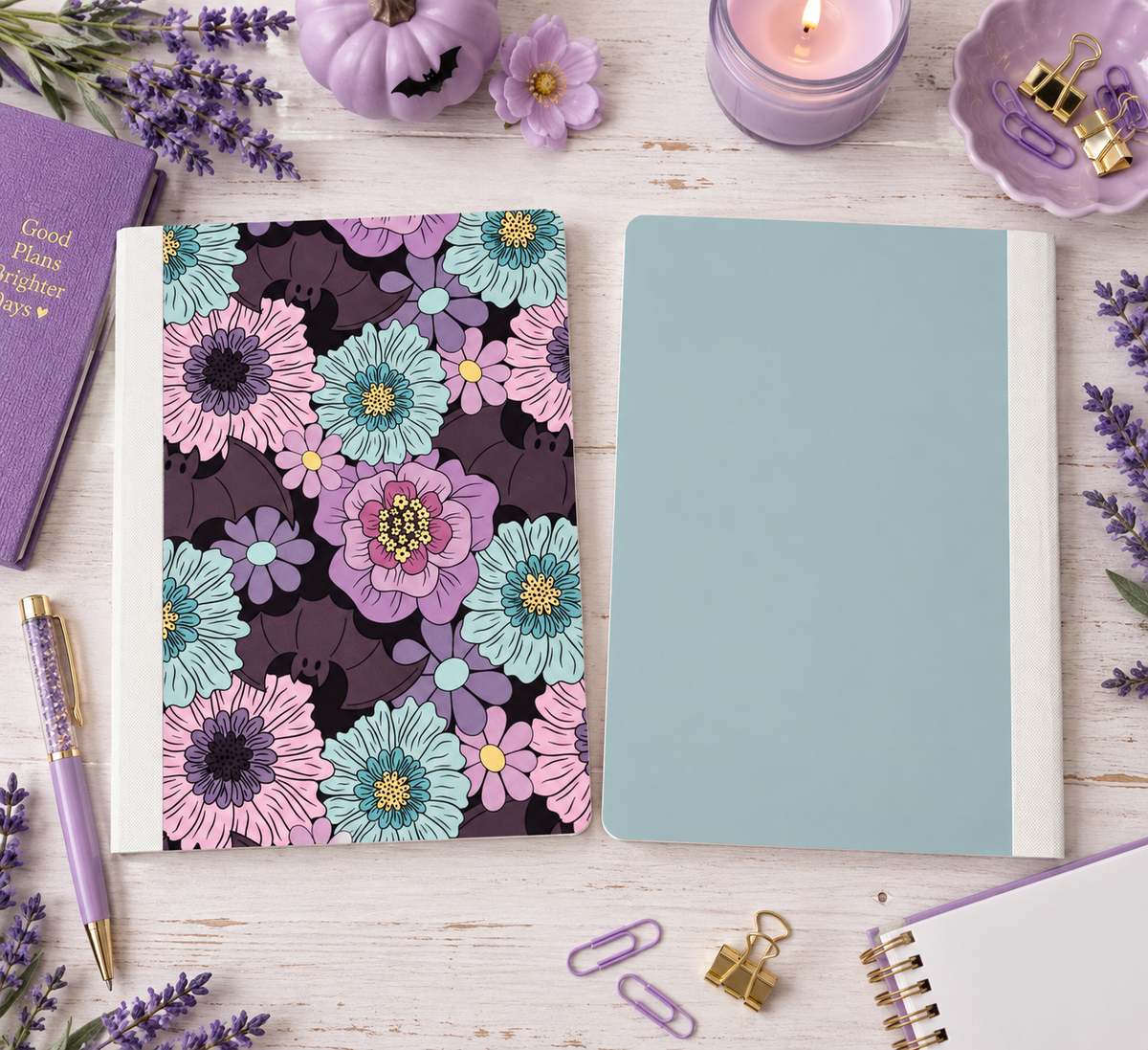 Decorative Vinyl Covered Composition Notebook Lavender and Blue Flowers