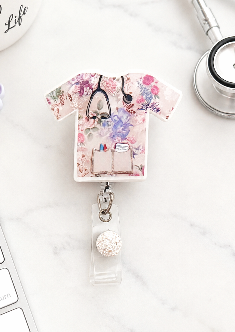 Handmade Floral Scrub Top Badge Reel
