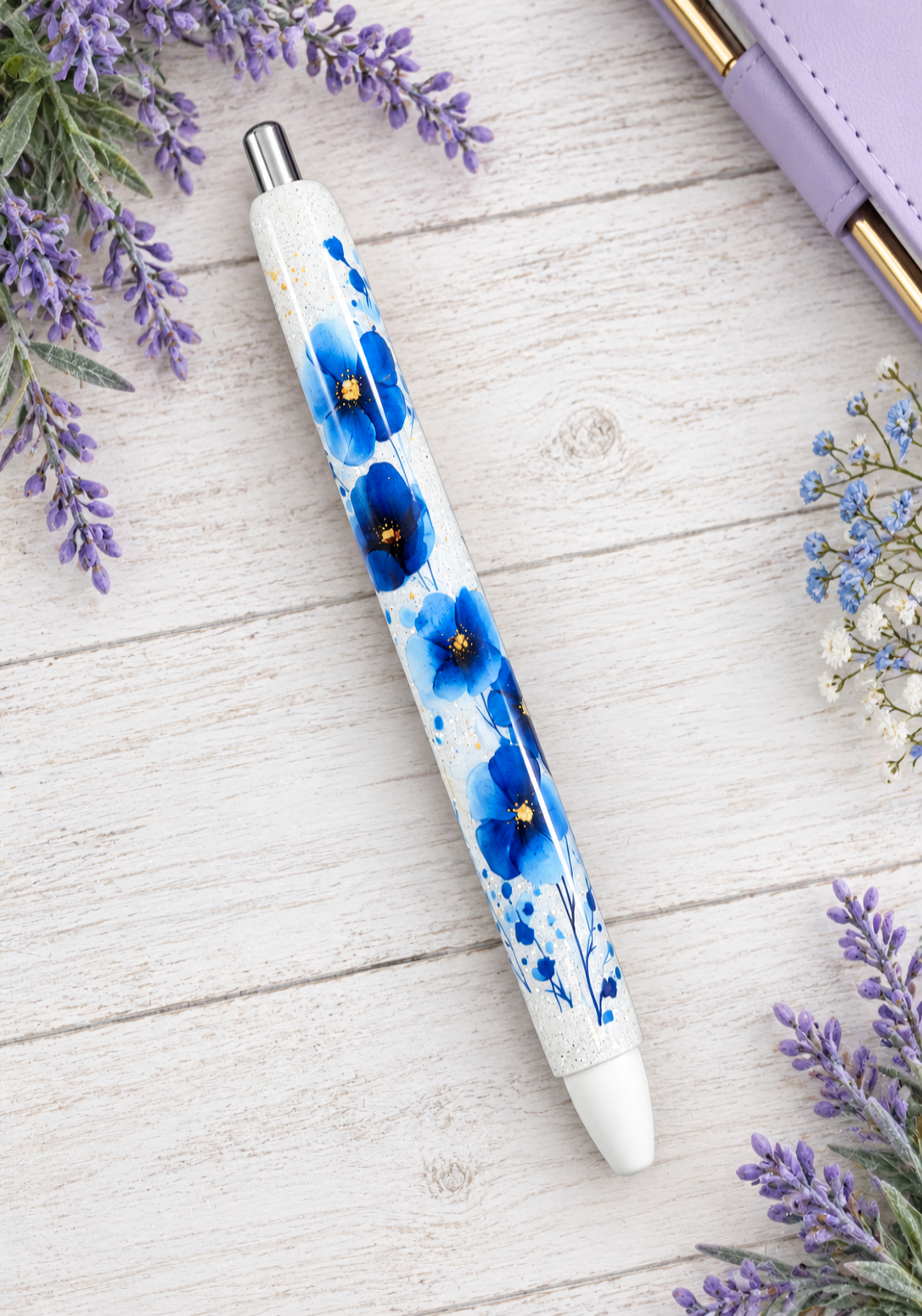 Handmade Blue Flowers glitter pen with free refill
