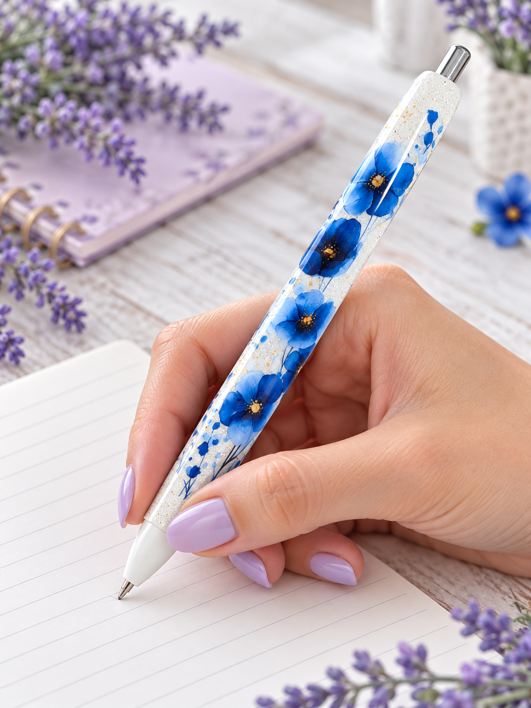 Handmade Blue Flowers glitter pen with free refill