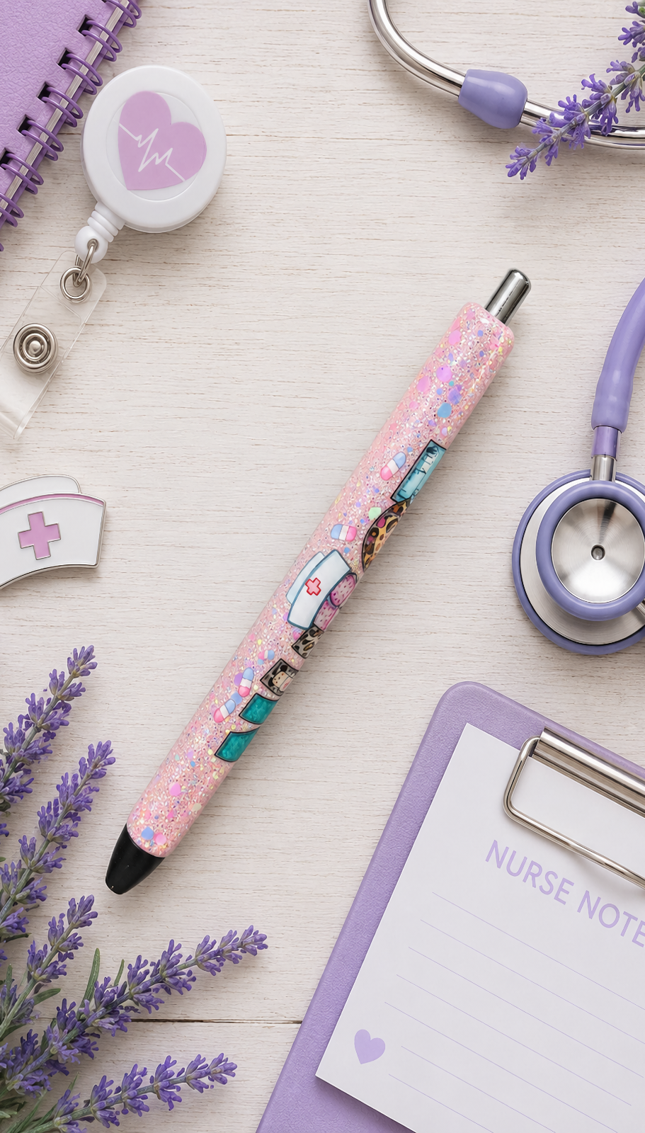 Handmade Nurse on pink glitter pen with free refill 2