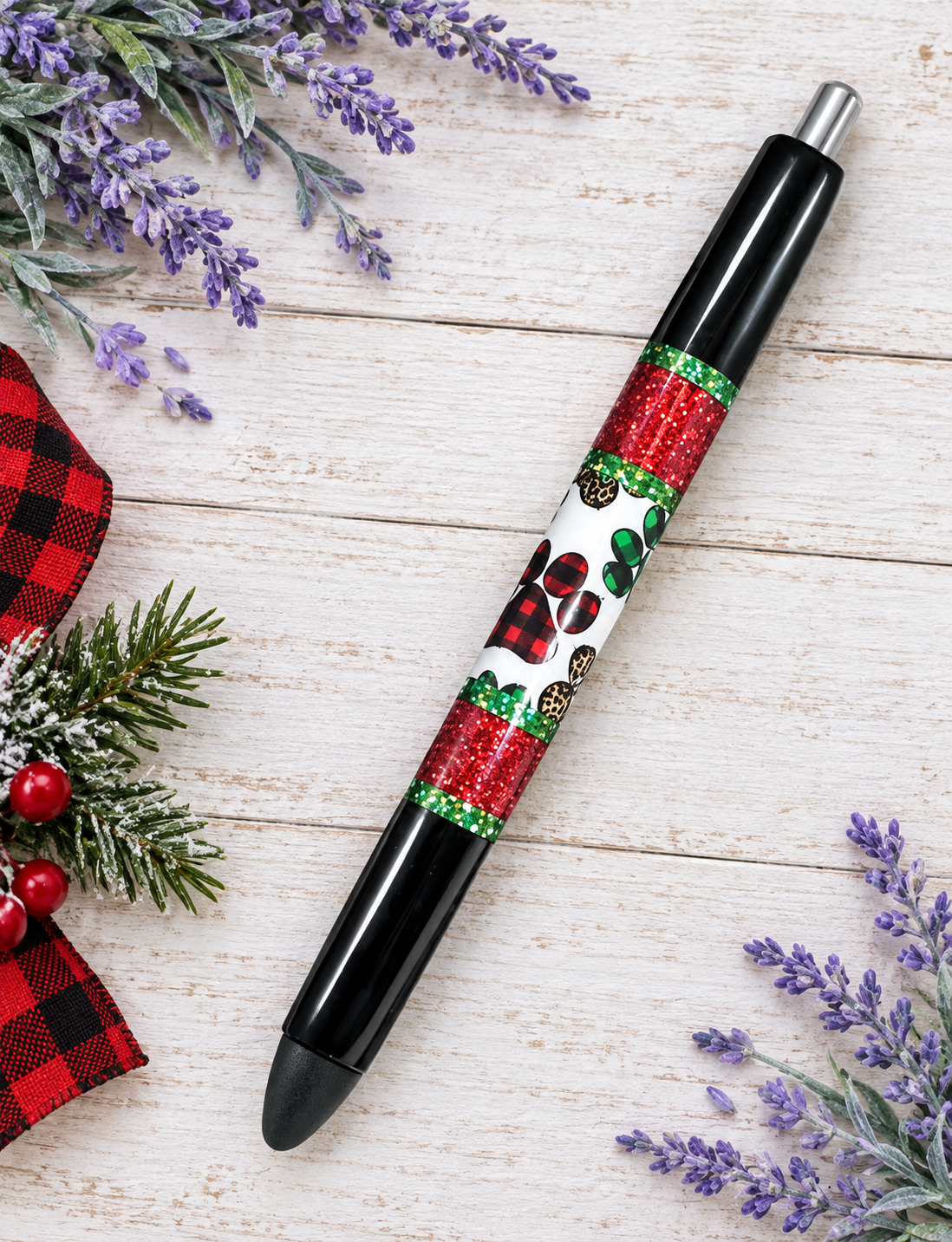 Handmade Christmas Paw Prints on black glitter pen with free refill