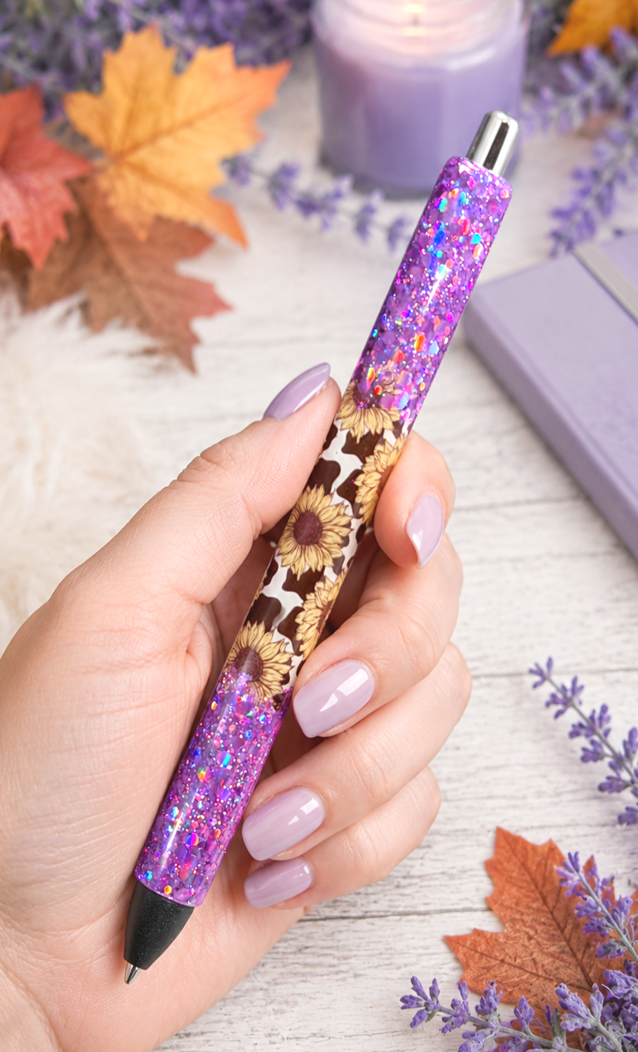 Handmade Sunflowers and Cow Print Ombre Purple Pink glitter pen with free refill