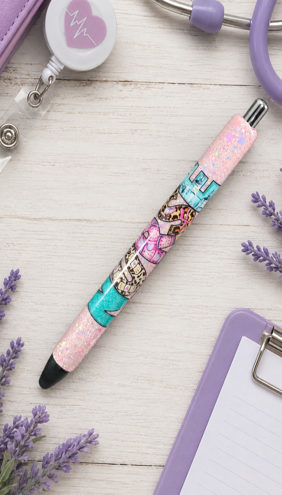 Handmade Nurse on pink glitter pen with free refill 2