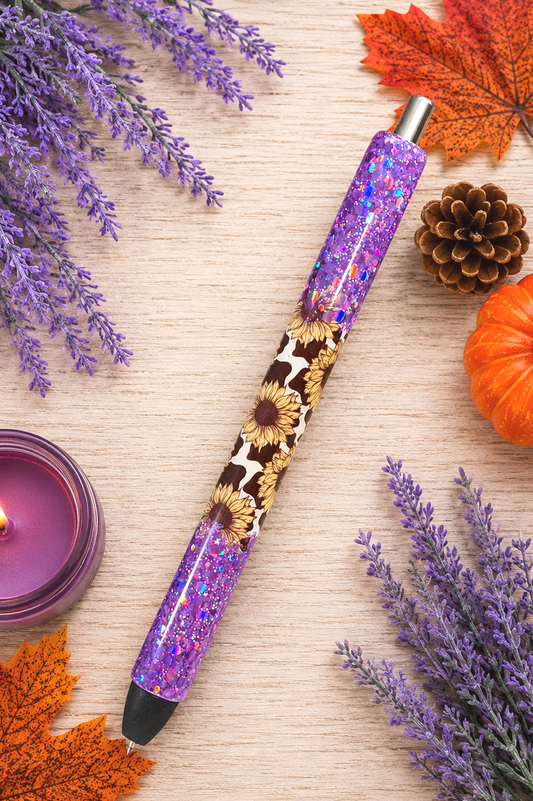 Handmade Sunflowers and Cow Print Ombre Purple Pink glitter pen with free refill