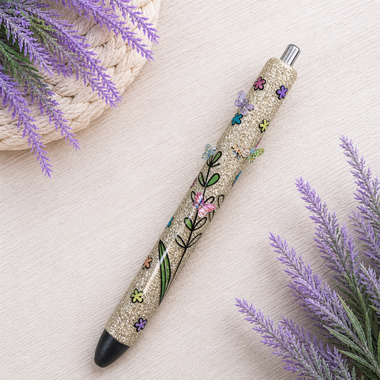 Handmade Mini Translucent Butterflies on Gold glitter pen with free refill