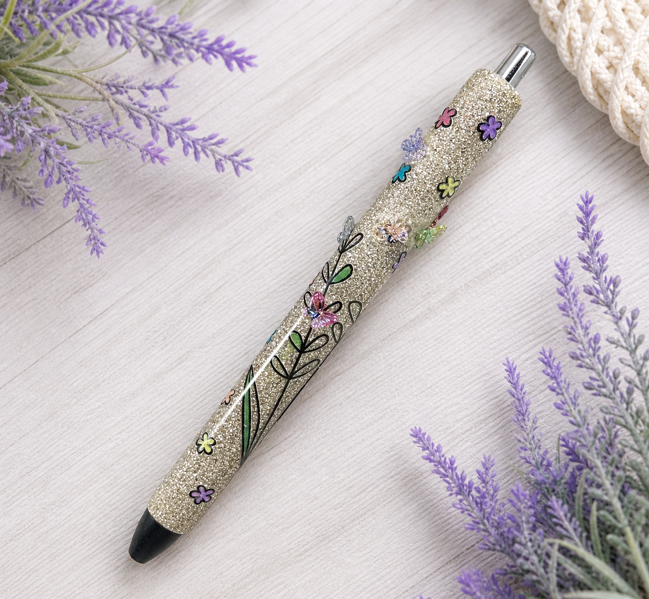 Handmade Mini Translucent Butterflies on Gold glitter pen with free refill