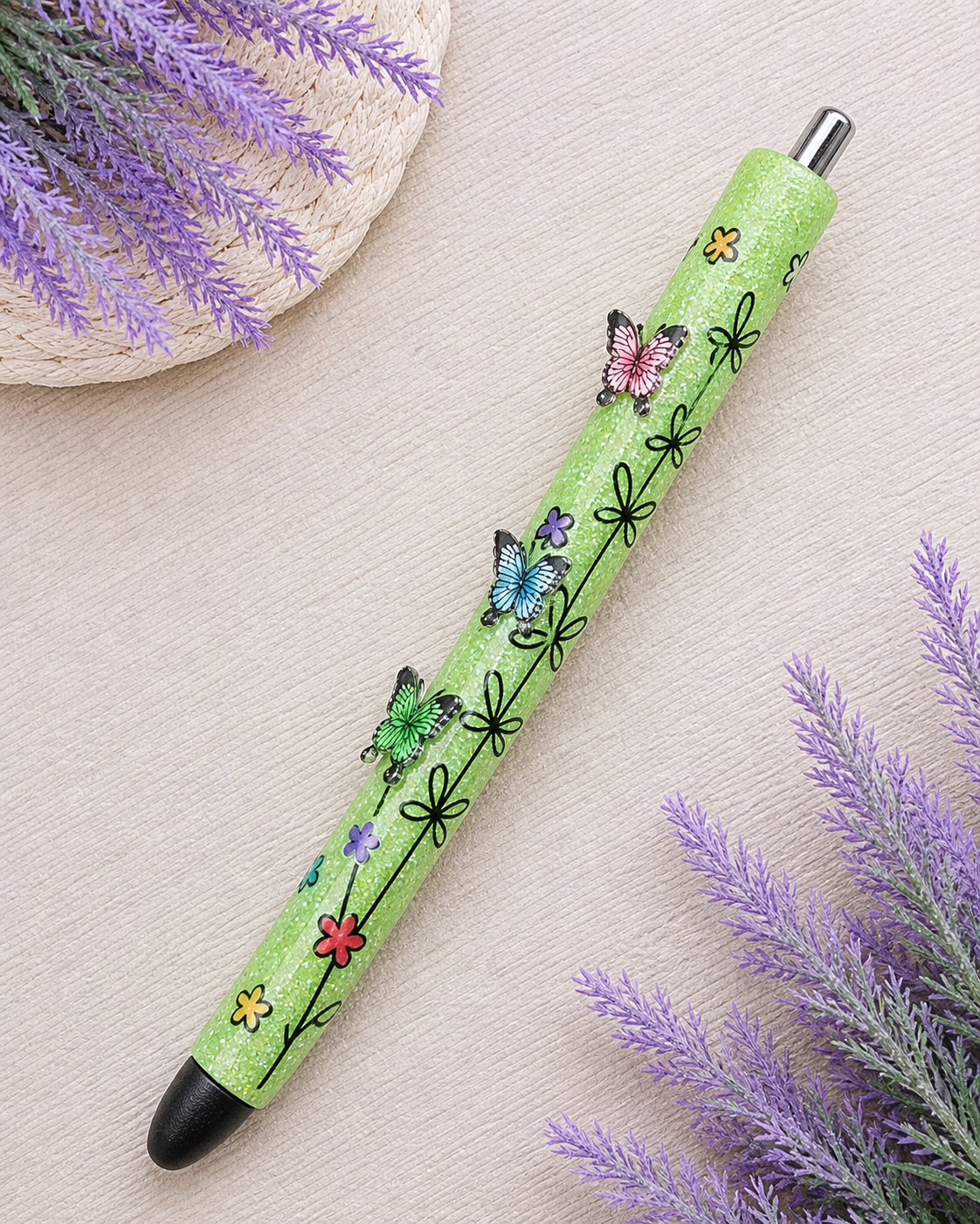Handmade Mini Butterflies on Green glitter pen with free refill