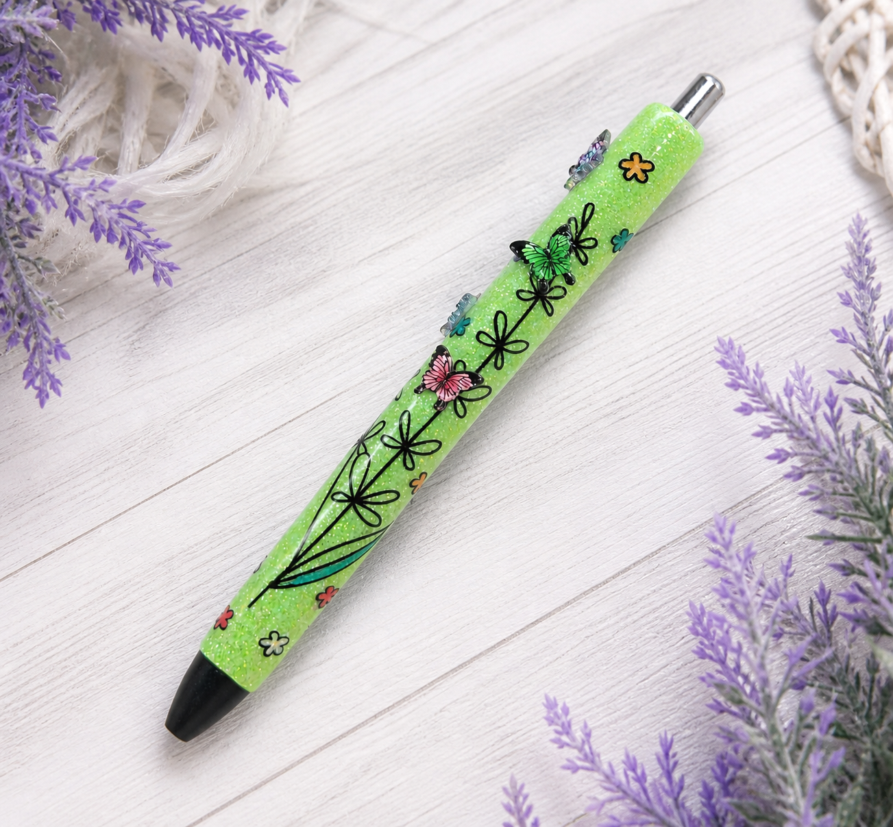Handmade Mini Butterflies on Green glitter pen with free refill
