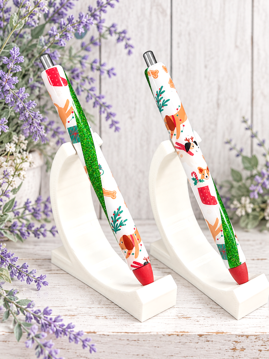 Handmade Christmas Dogs on Green glitter pen with free refill
