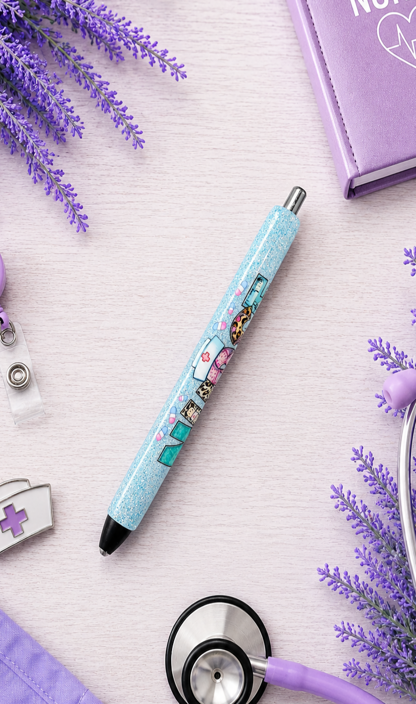 Handmade Nurse on blue glitter pen with free refill 2