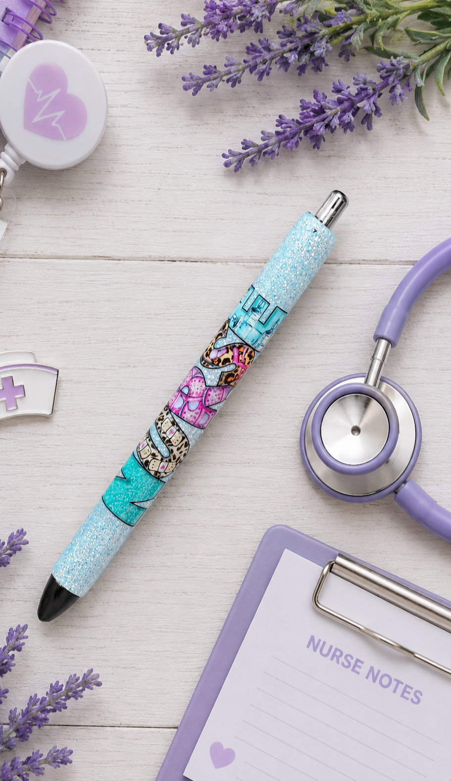 Handmade Nurse on blue glitter pen with free refill 2