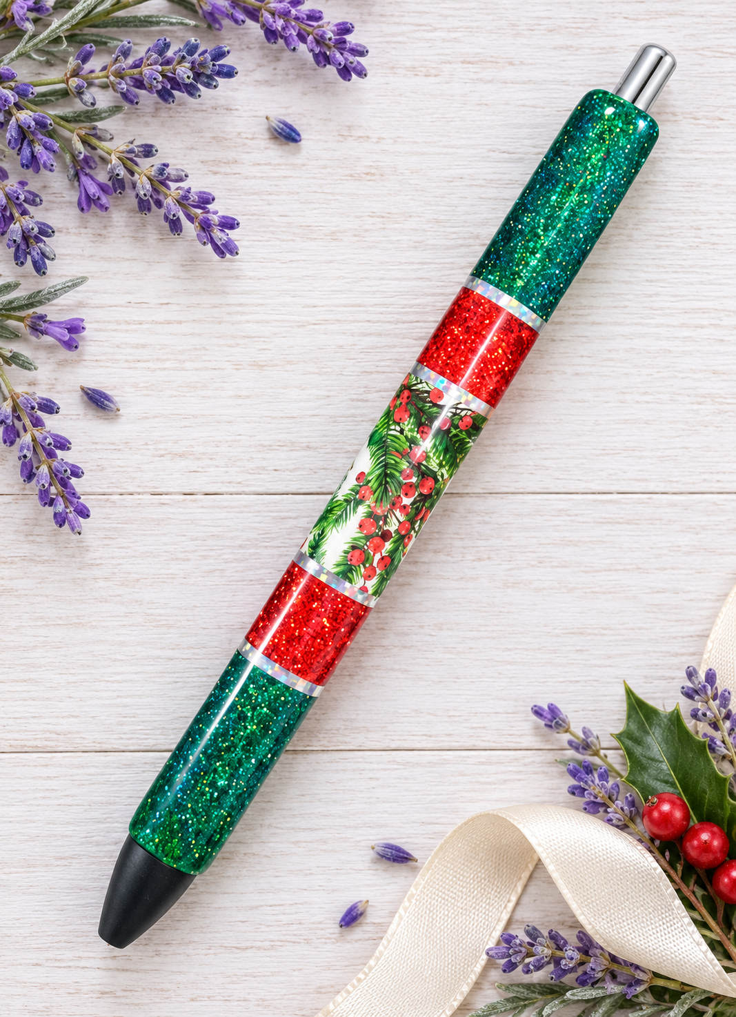 Handmade Winter Holly glitter pen with free refill