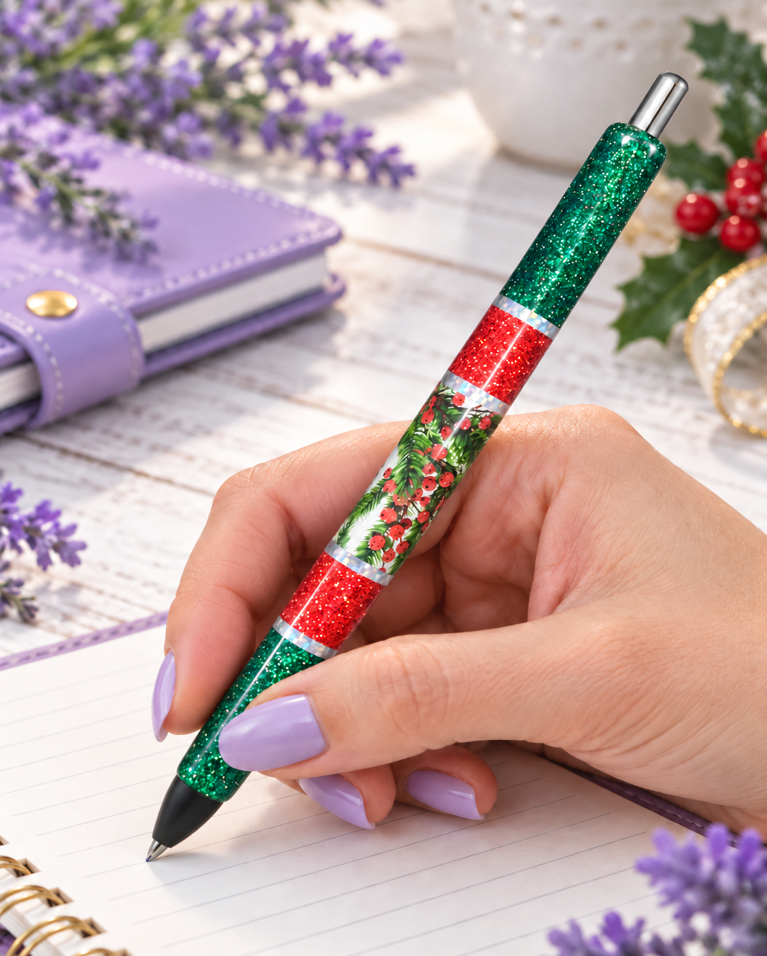 Handmade Winter Holly glitter pen with free refill