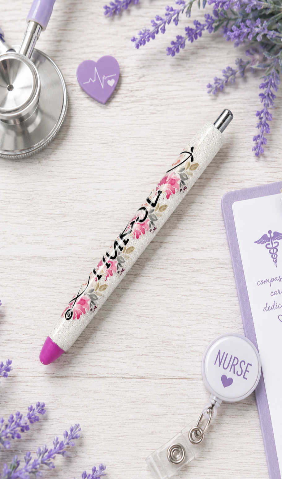 Handmade Nurse pink flowers  glitter pen with free refill