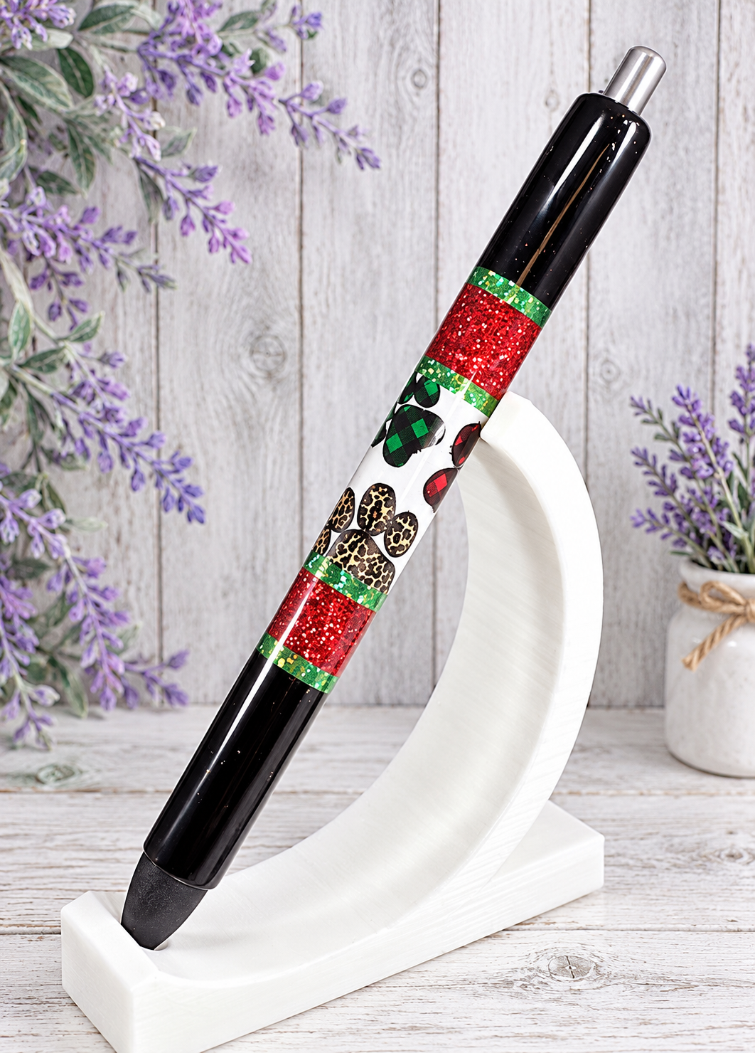 Handmade Christmas Paw Prints on black glitter pen with free refill