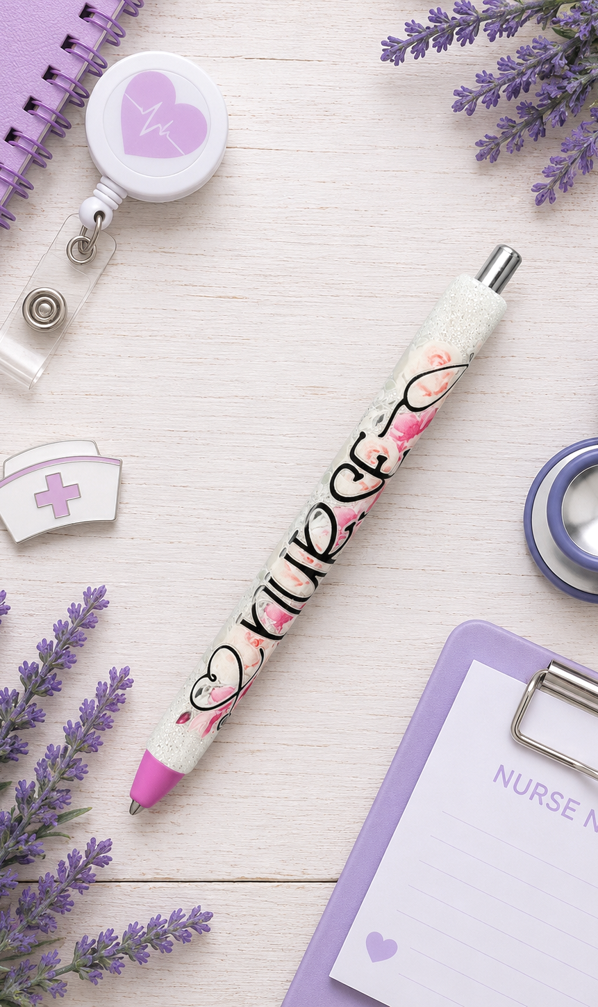 Handmade Nurse pink flowers  glitter pen with free refill
