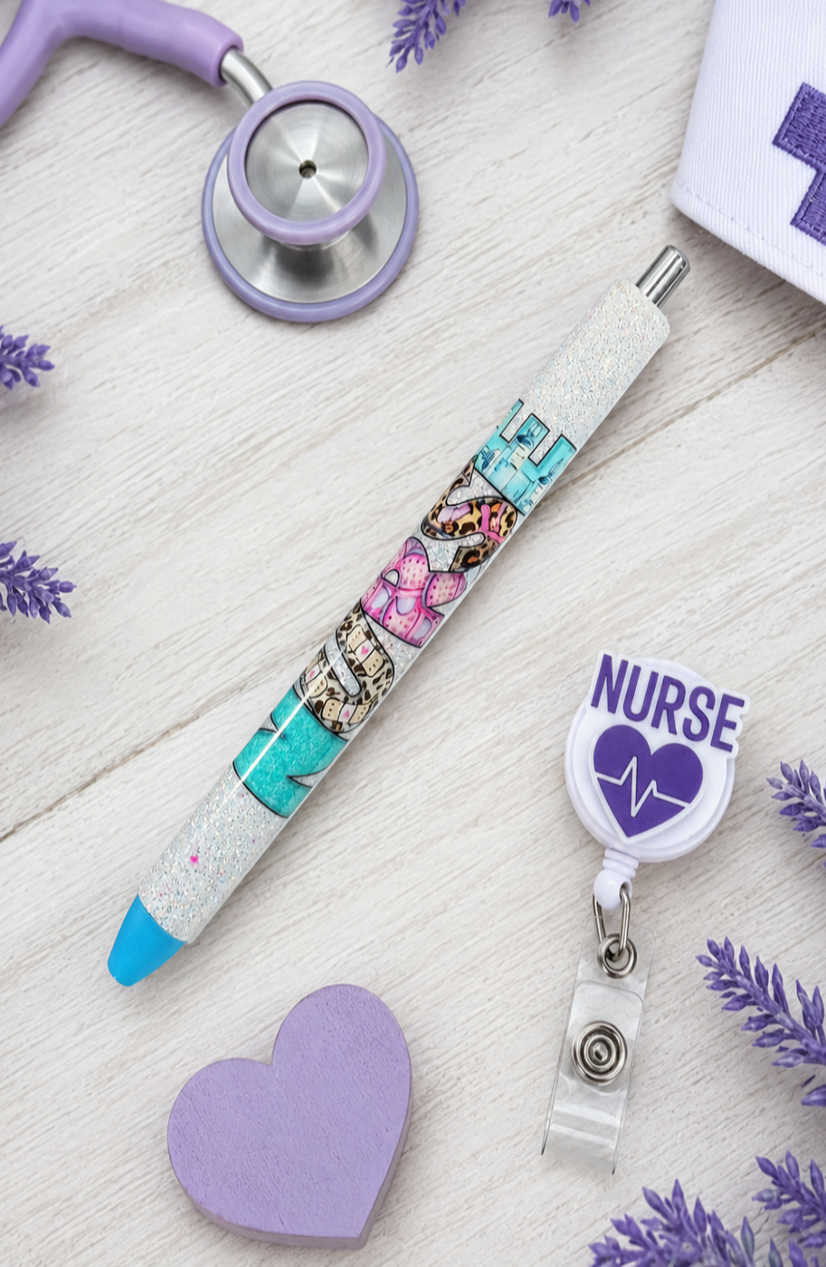 Handmade Nurse on opal white glitter pen with free refill