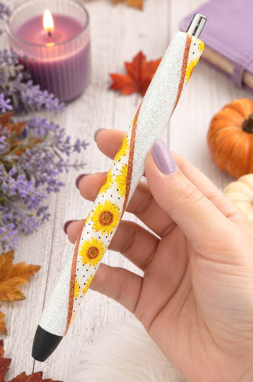 Handmade Fall sunflowers glitter pen  with free refill