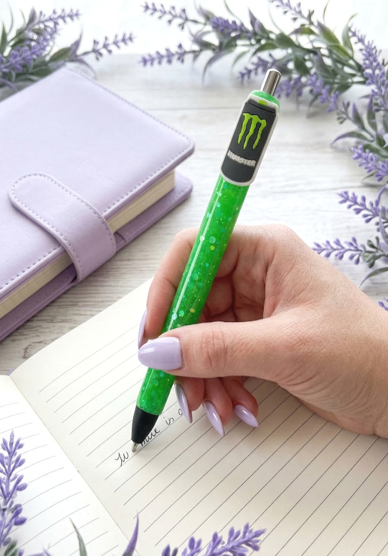 Handmade Monster Drink glitter pen with free refill