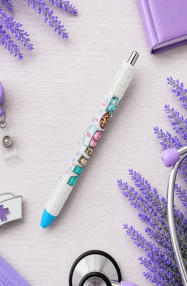 Handmade Nurse on opal white glitter pen with free refill