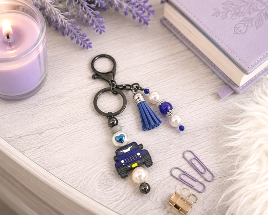 Handmade Blue Jeep Beaded Keychain With Clip and Keyring
