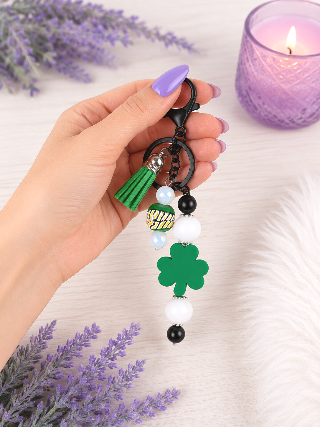 Handmade Beaded St Patricks Clover Keychain With Clip and Keyring