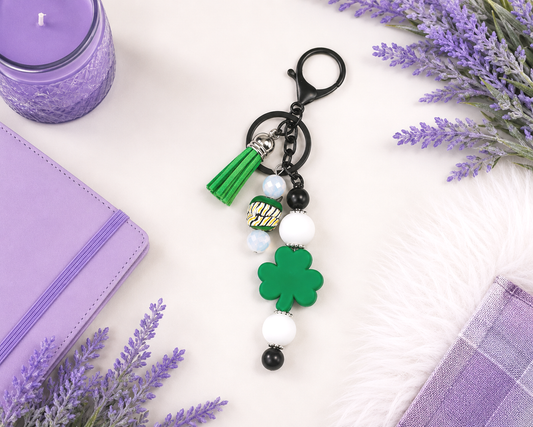 Handmade Beaded St Patricks Clover Keychain With Clip and Keyring