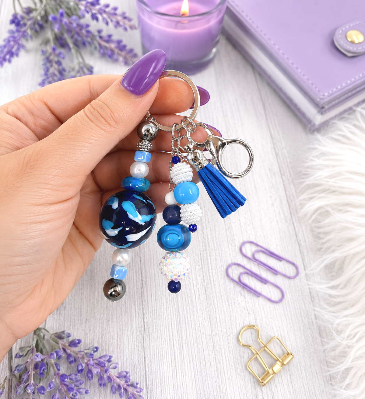 Handmade Blues Beaded Keychain With Clip and Keyring