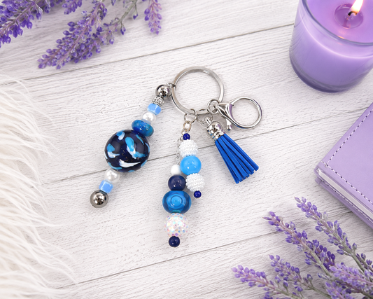 Handmade Blues Beaded Keychain With Clip and Keyring