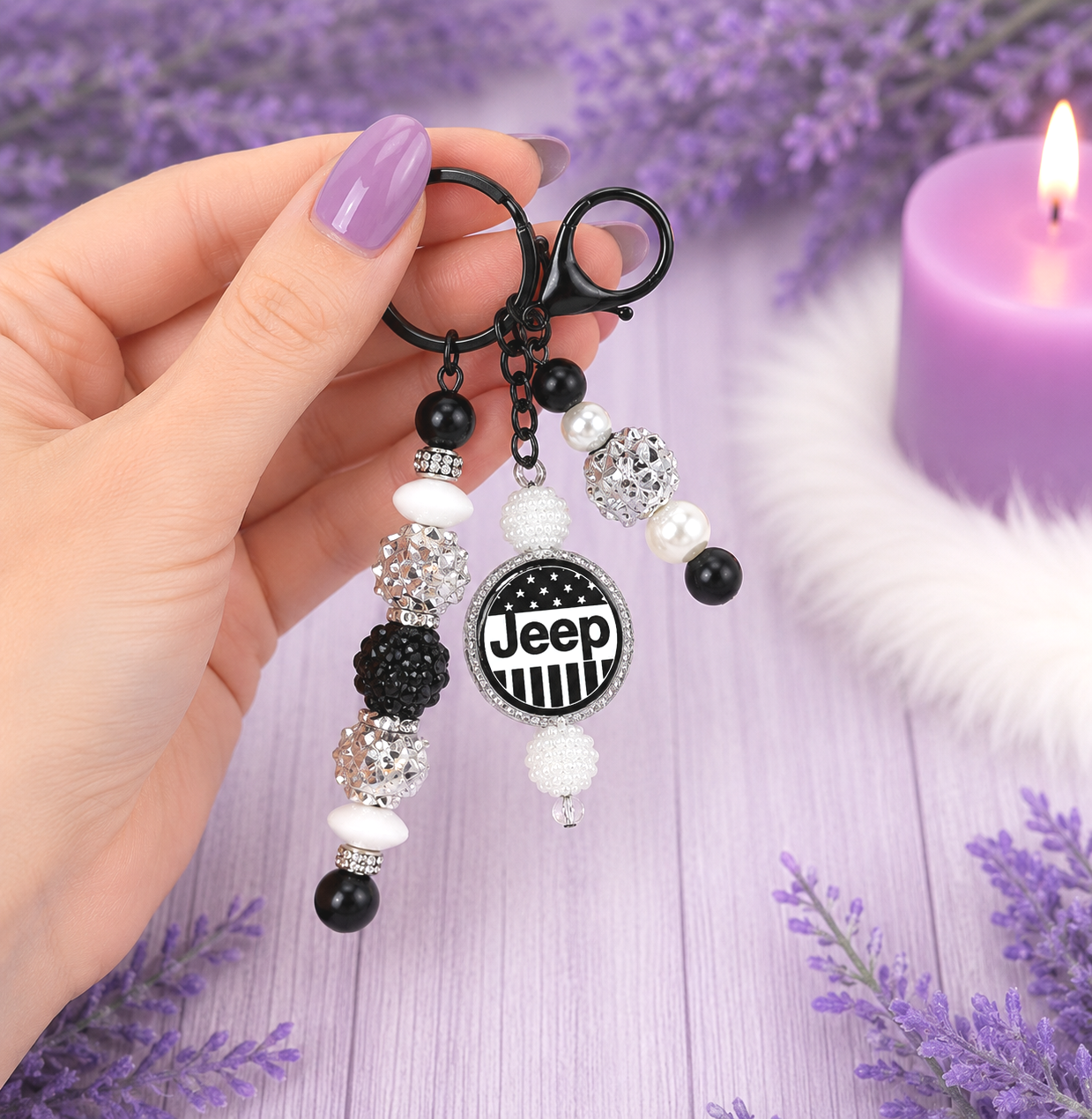Handmade Beaded Jeep Keychain With Clip and Keyring 2