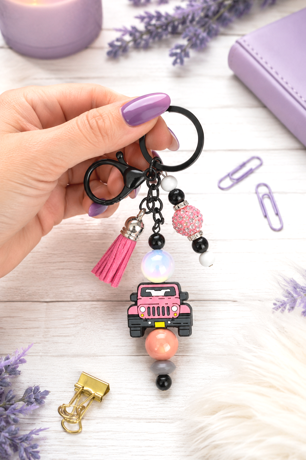 Handmade Pink Jeep Beaded Keychain With Clip and Keyring