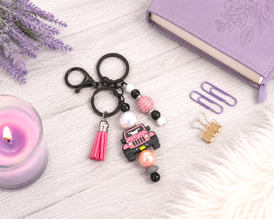 Handmade Pink Jeep Beaded Keychain With Clip and Keyring