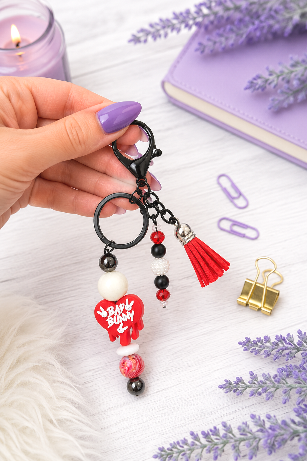 Handmade Bad Bunny Beaded Keychain With Clip and Keyring