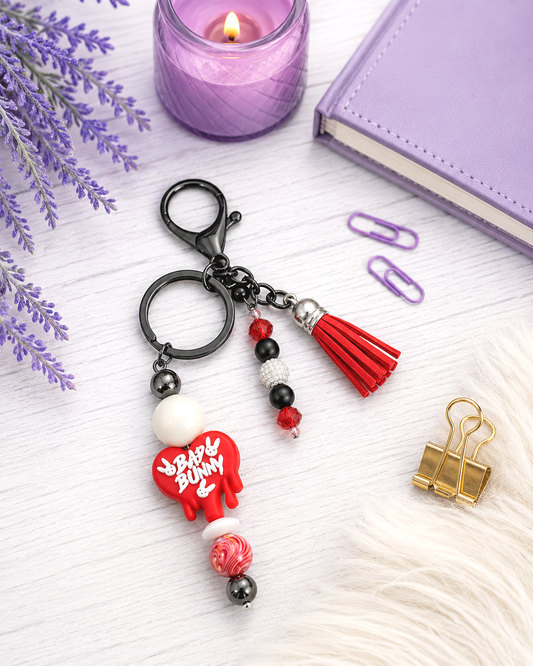Handmade Bad Bunny Beaded Keychain With Clip and Keyring