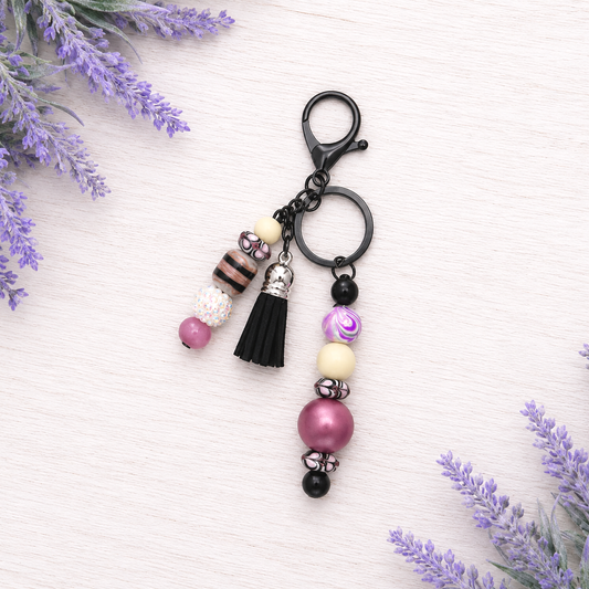 Handmade Beaded Keychain With Clip and Keyring Mauve