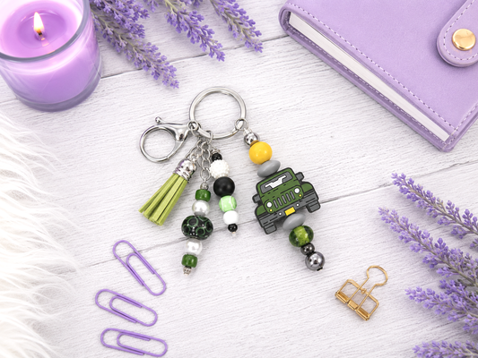 Handmade Green Jeep Beaded Keychain With Clip and Keyring