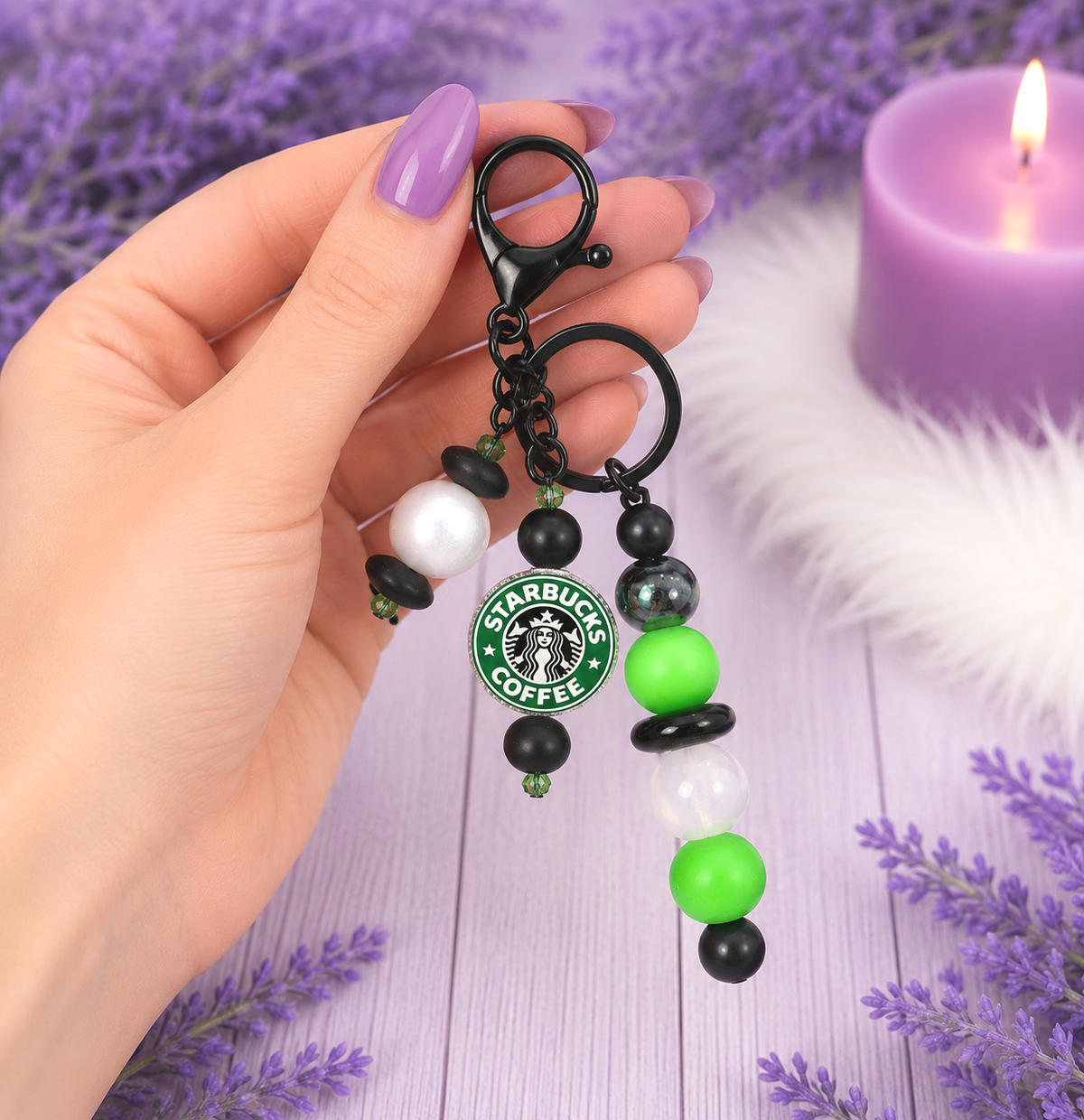 Handmade Beaded Starbucks Keychain With Clip and Keyring