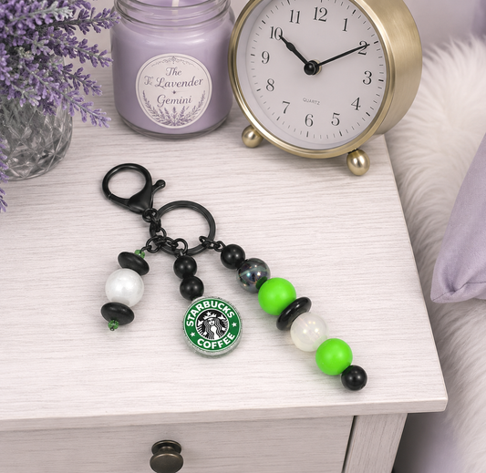 Handmade Beaded Starbucks Keychain With Clip and Keyring