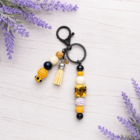 Handmade Beaded Keychain With Clip and Keyring Yellow
