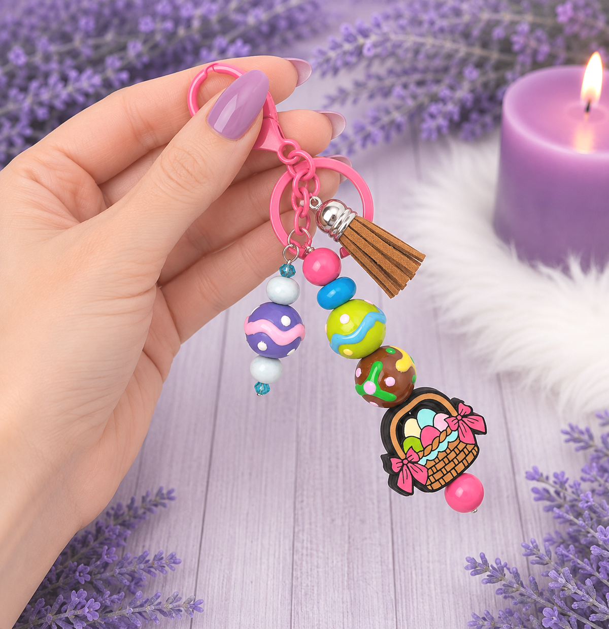 Handmade Beaded Easter basket Keychain With Clip and Keyring