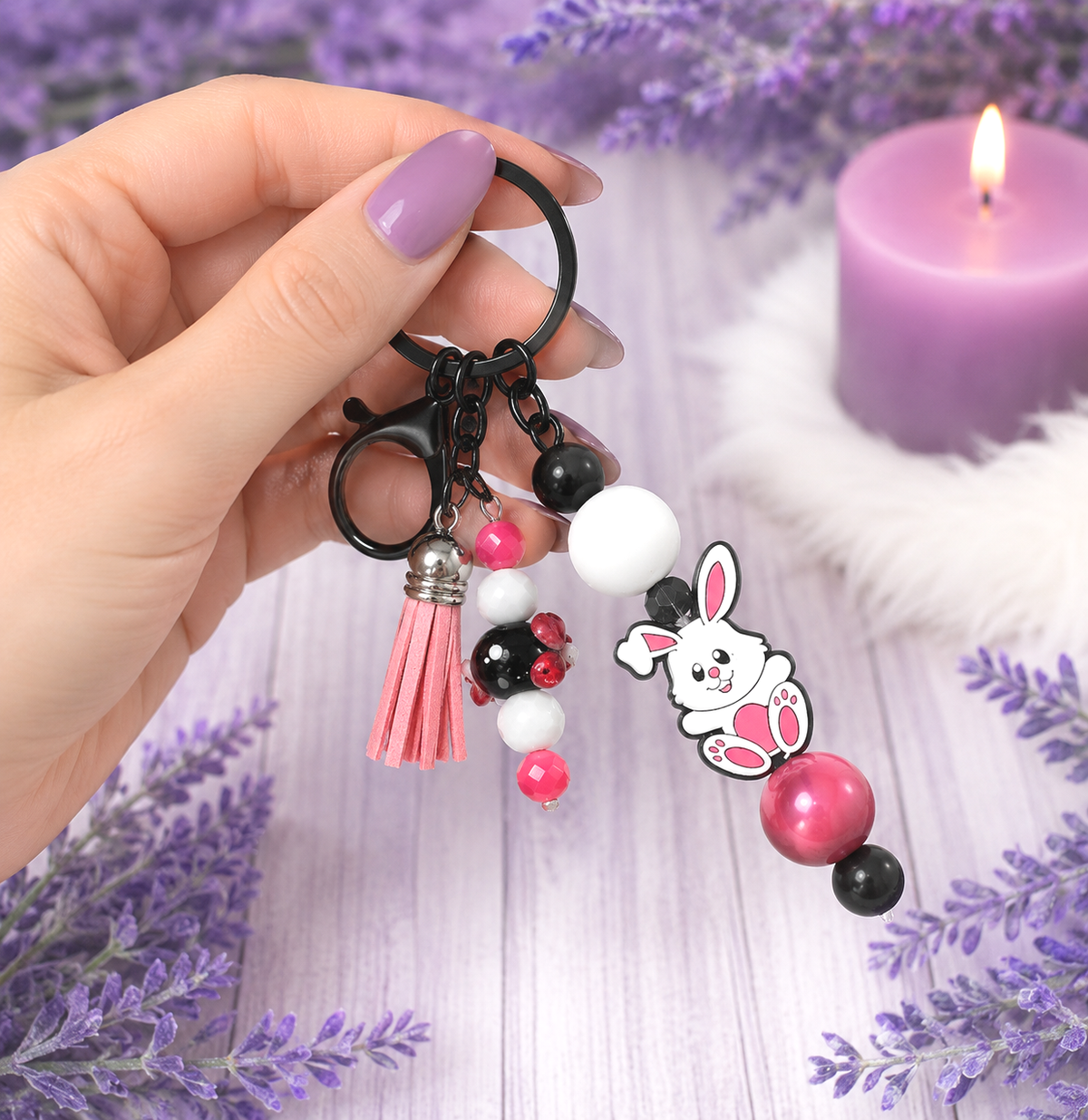Handmade Beaded Easter Bunny  Keychain With Clip and Keyring