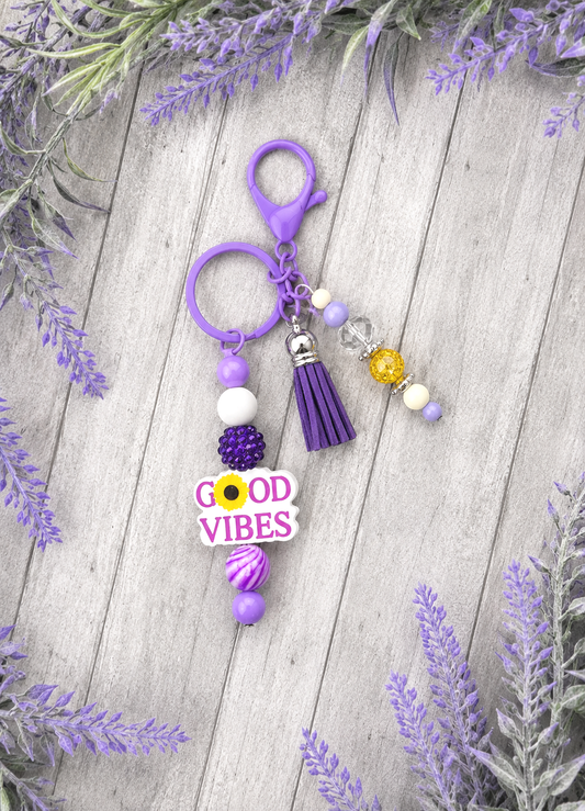 Handmade Good Vibes Beaded Keychain With Clip and Keyring