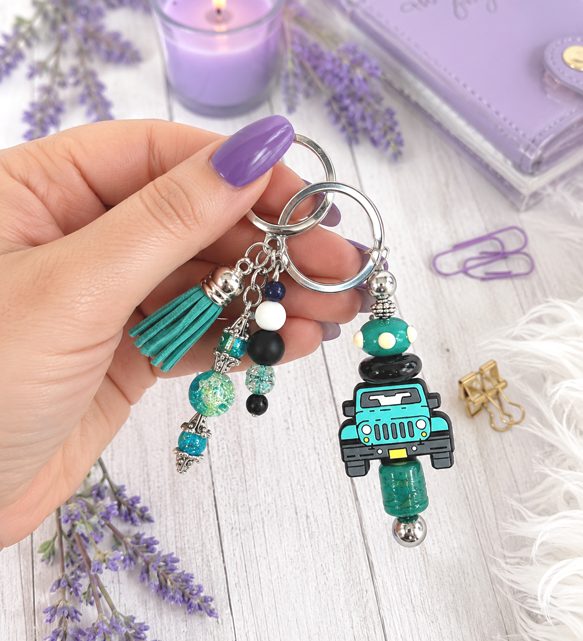 Handmade Aqua Blue Jeep Beaded Keychain With Clip and Keyring