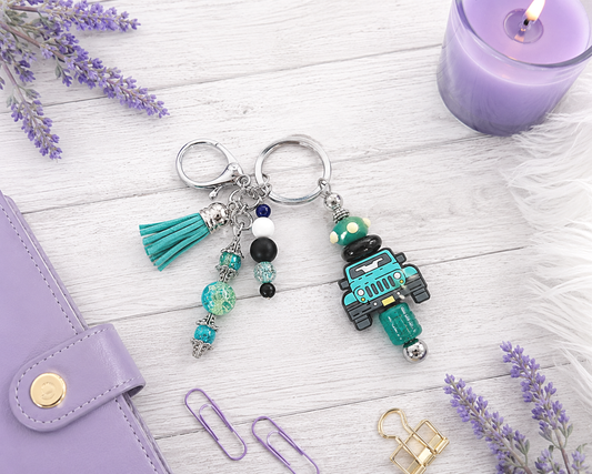 Handmade Aqua Blue Jeep Beaded Keychain With Clip and Keyring
