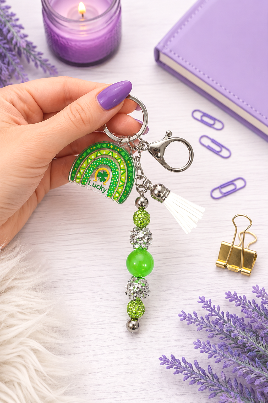 Handmade Beaded St Patricks Irish Keychain With Clip and Keyring 2